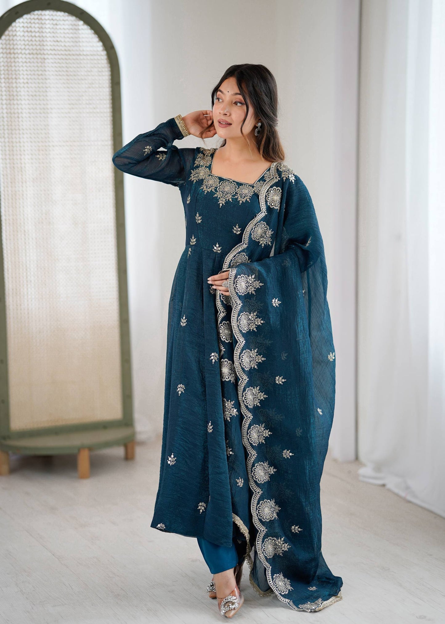 Sky blue crunchy silk embroidered sequence work anarkali set