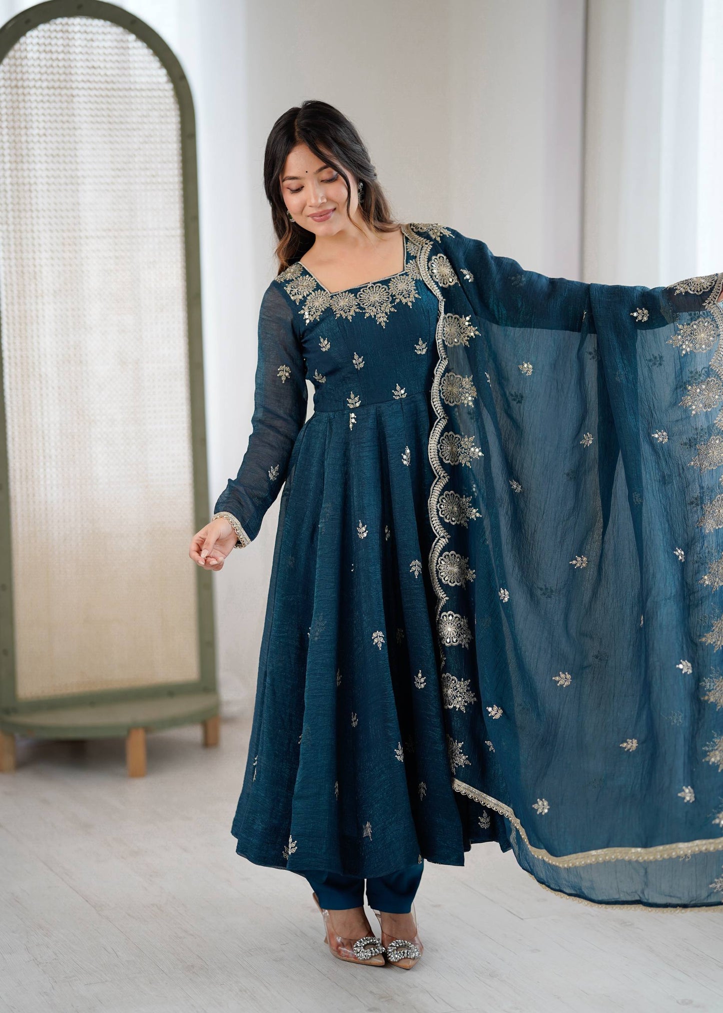 Sky blue crunchy silk embroidered sequence work anarkali set