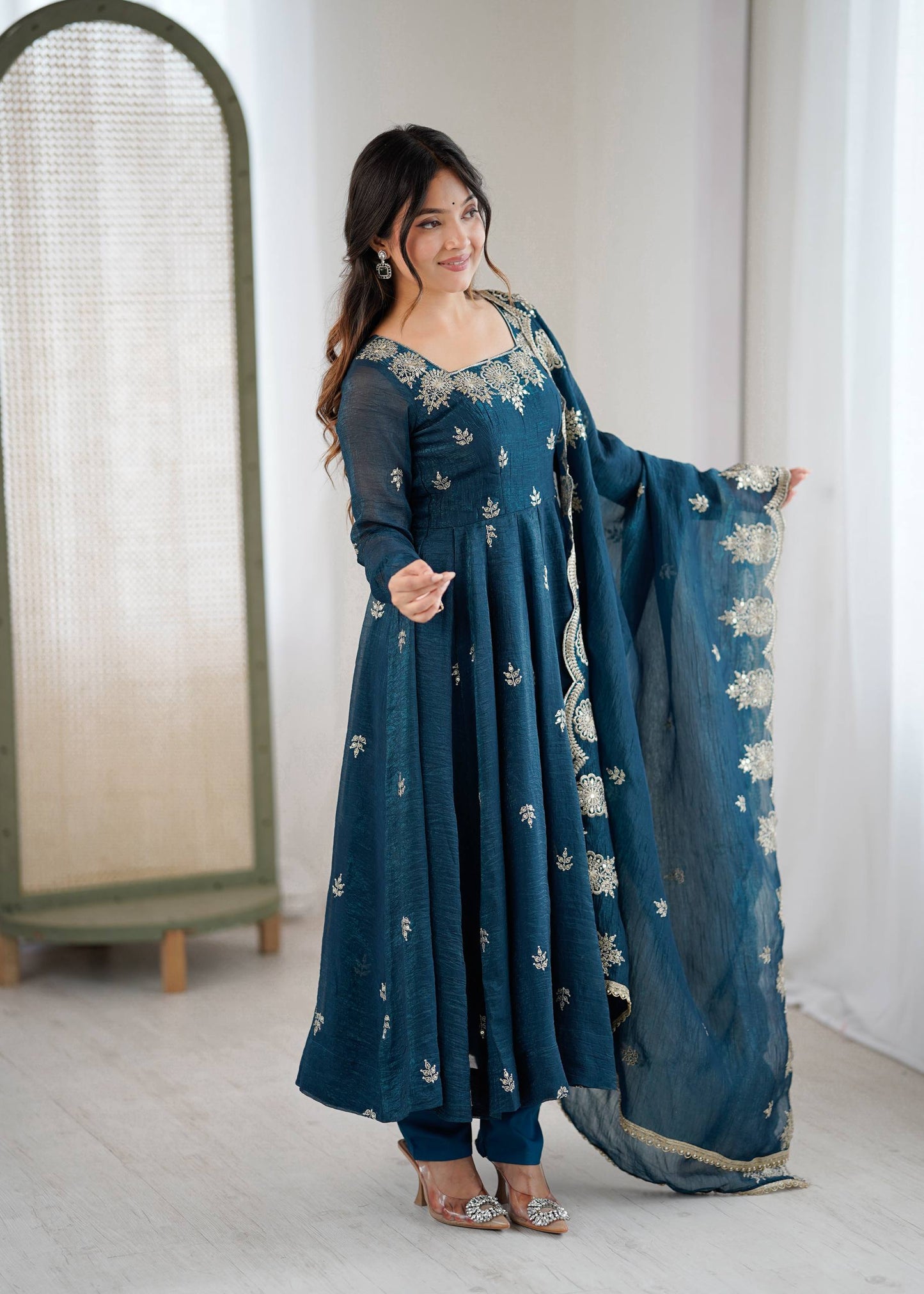 Sky blue crunchy silk embroidered sequence work anarkali set