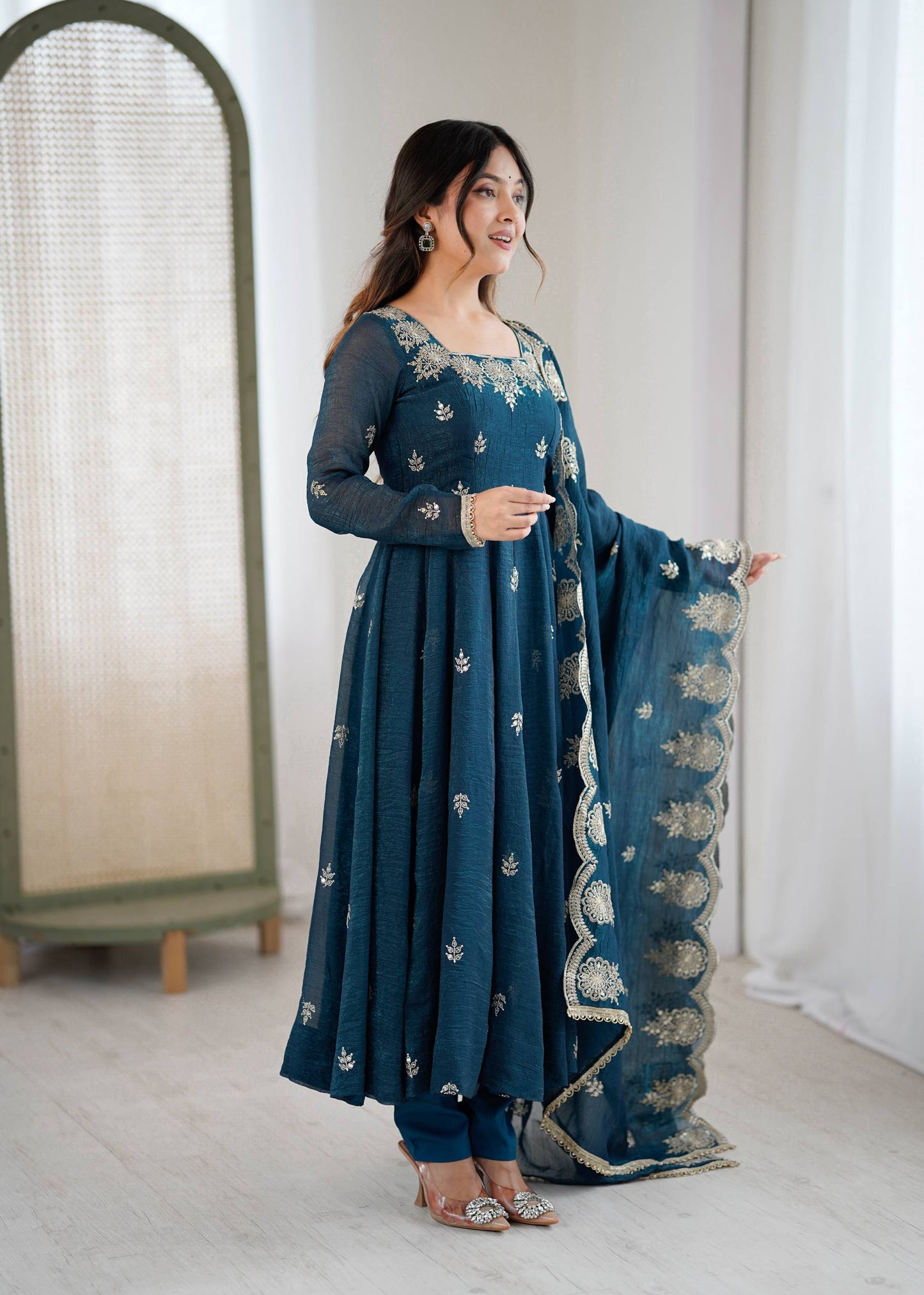 Sky blue crunchy silk embroidered sequence work anarkali set