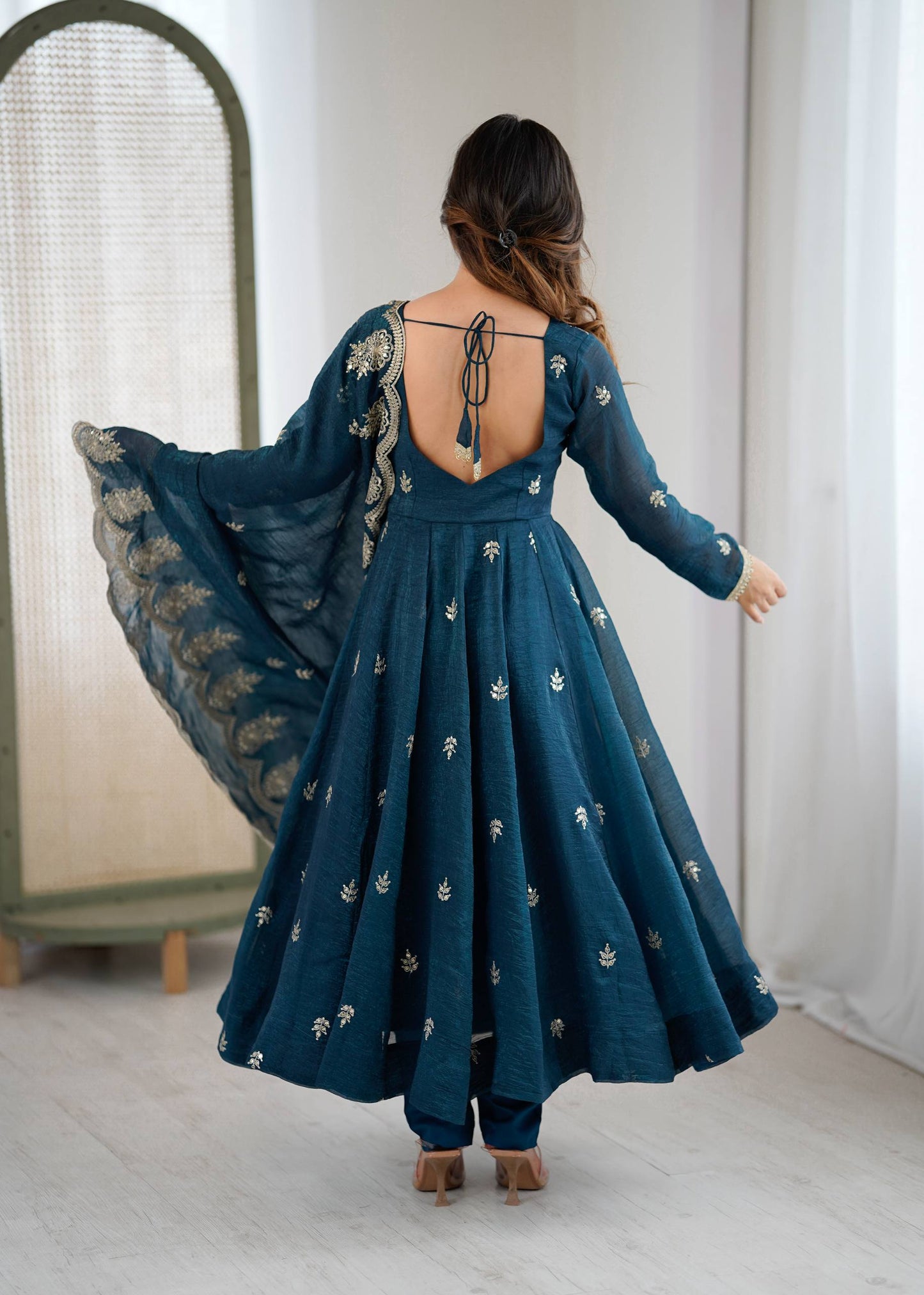 Sky blue crunchy silk embroidered sequence work anarkali set
