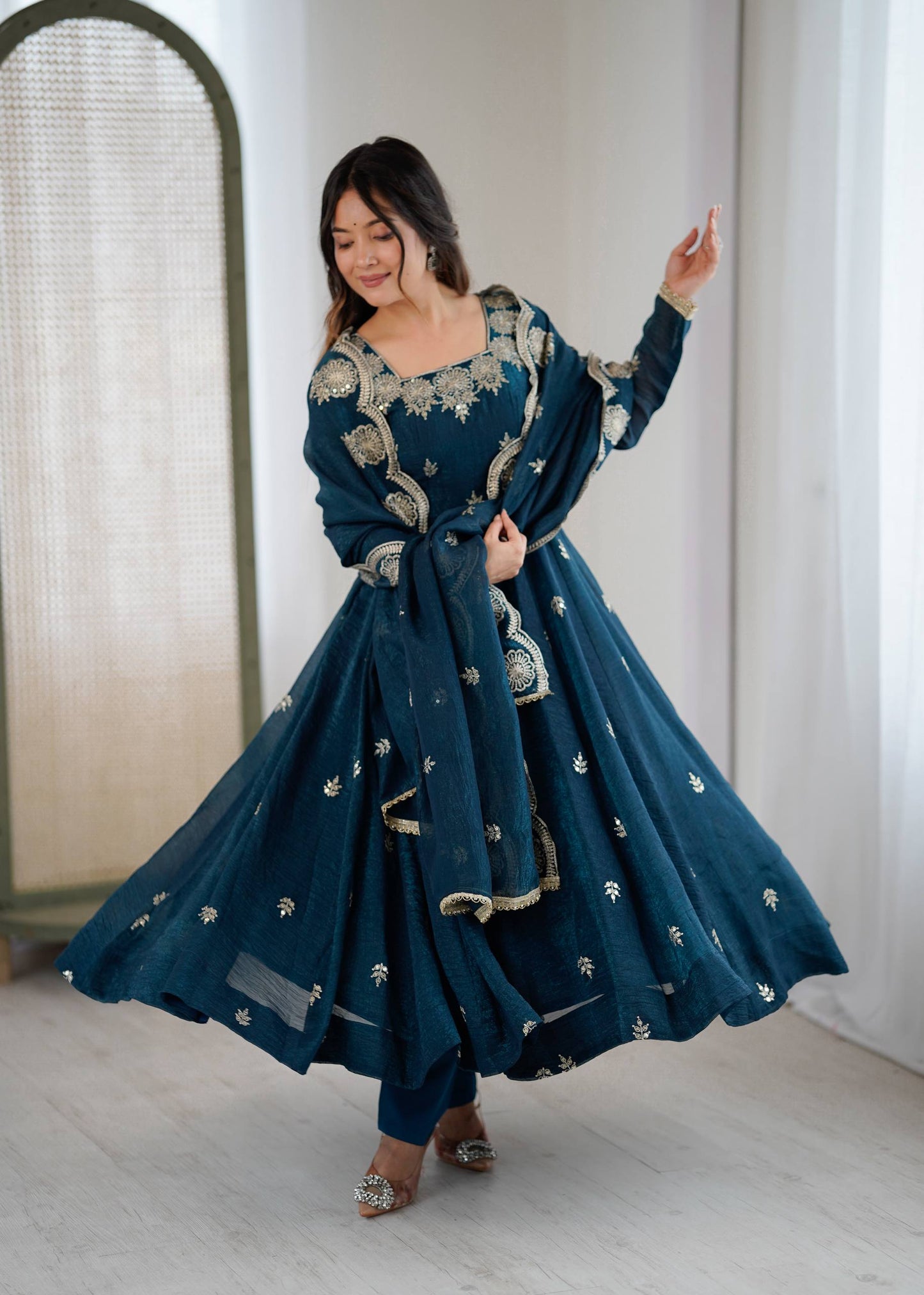 Sky blue crunchy silk embroidered sequence work anarkali set
