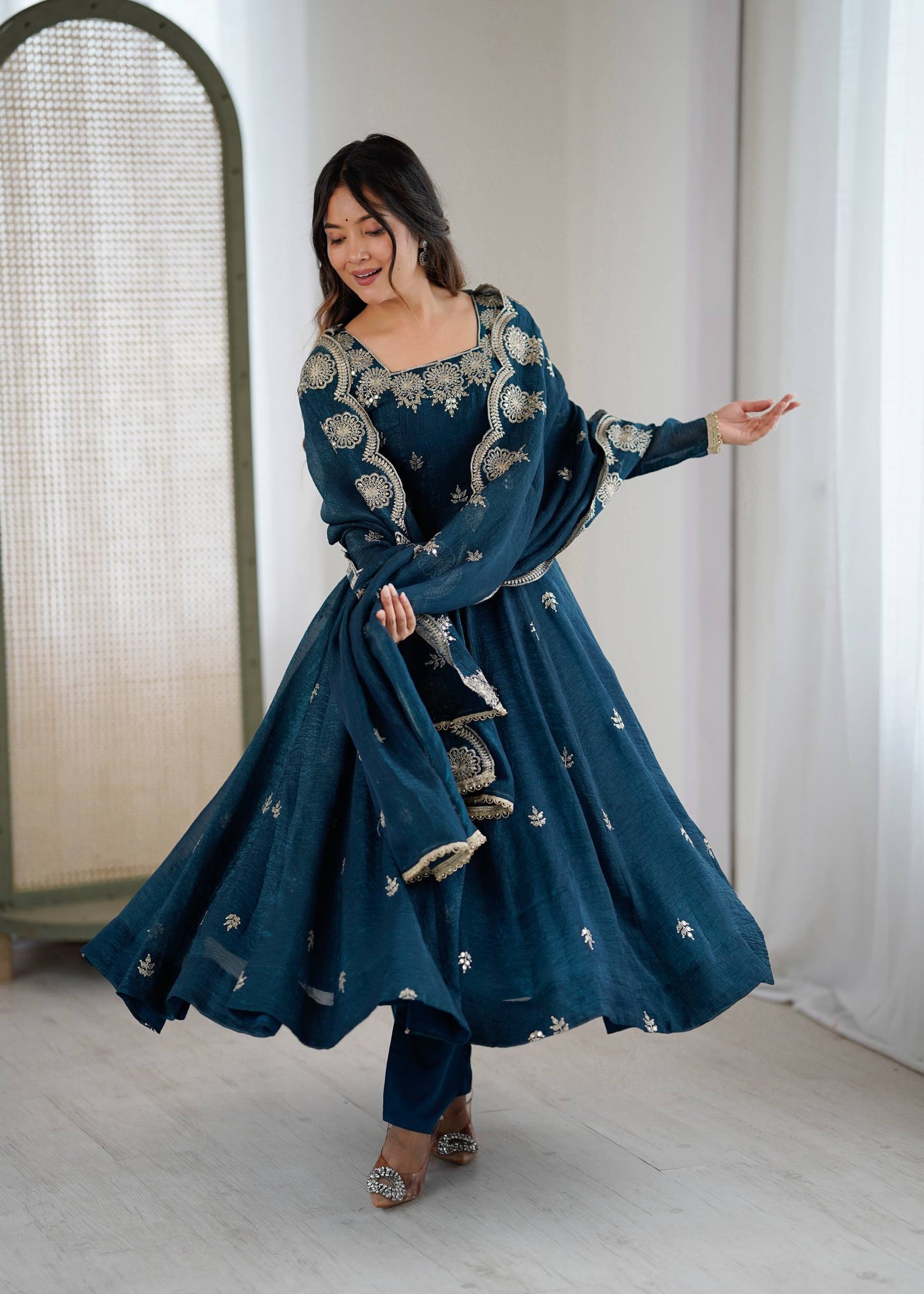 Sky blue crunchy silk embroidered sequence work anarkali set