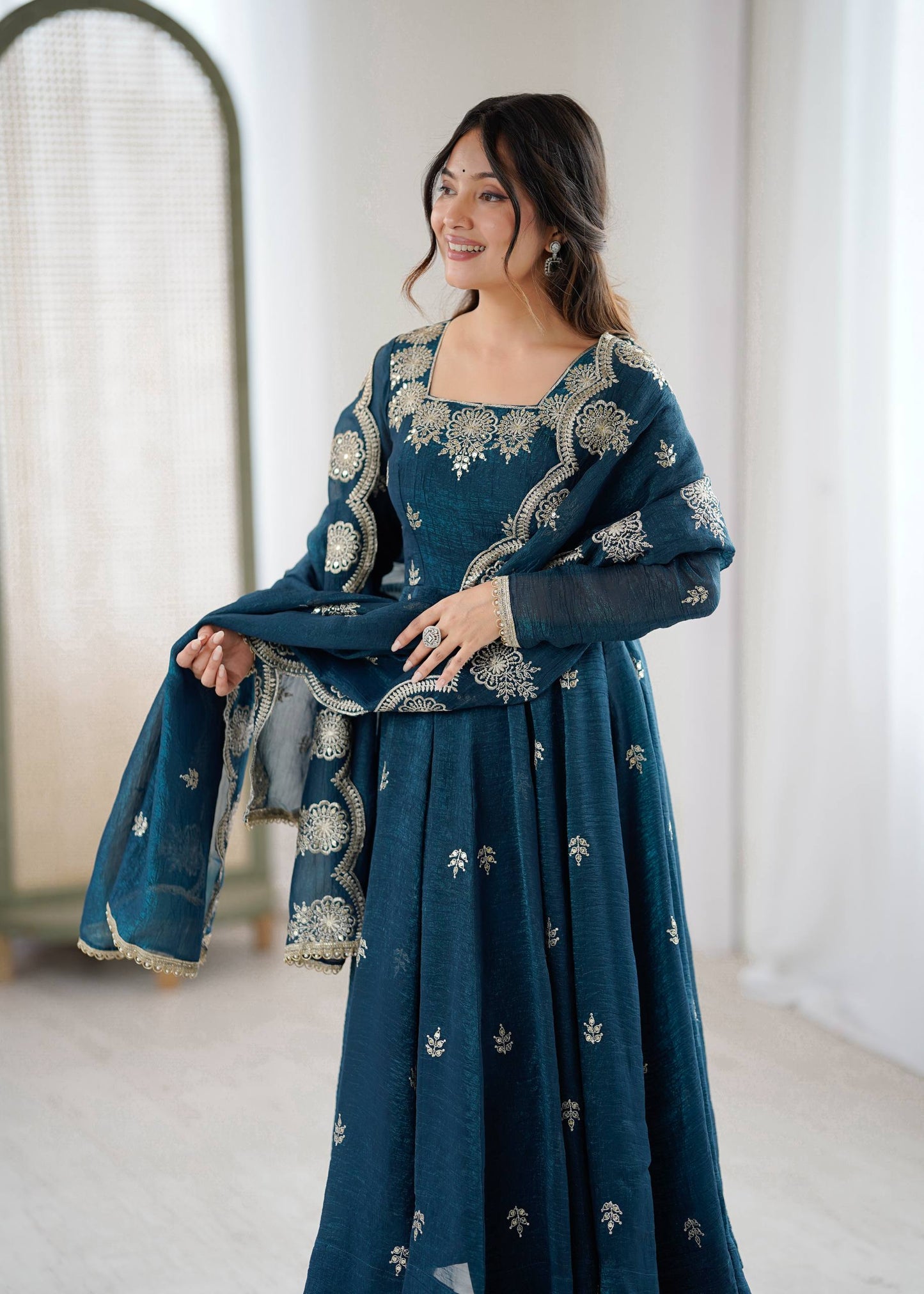Sky blue crunchy silk embroidered sequence work anarkali set