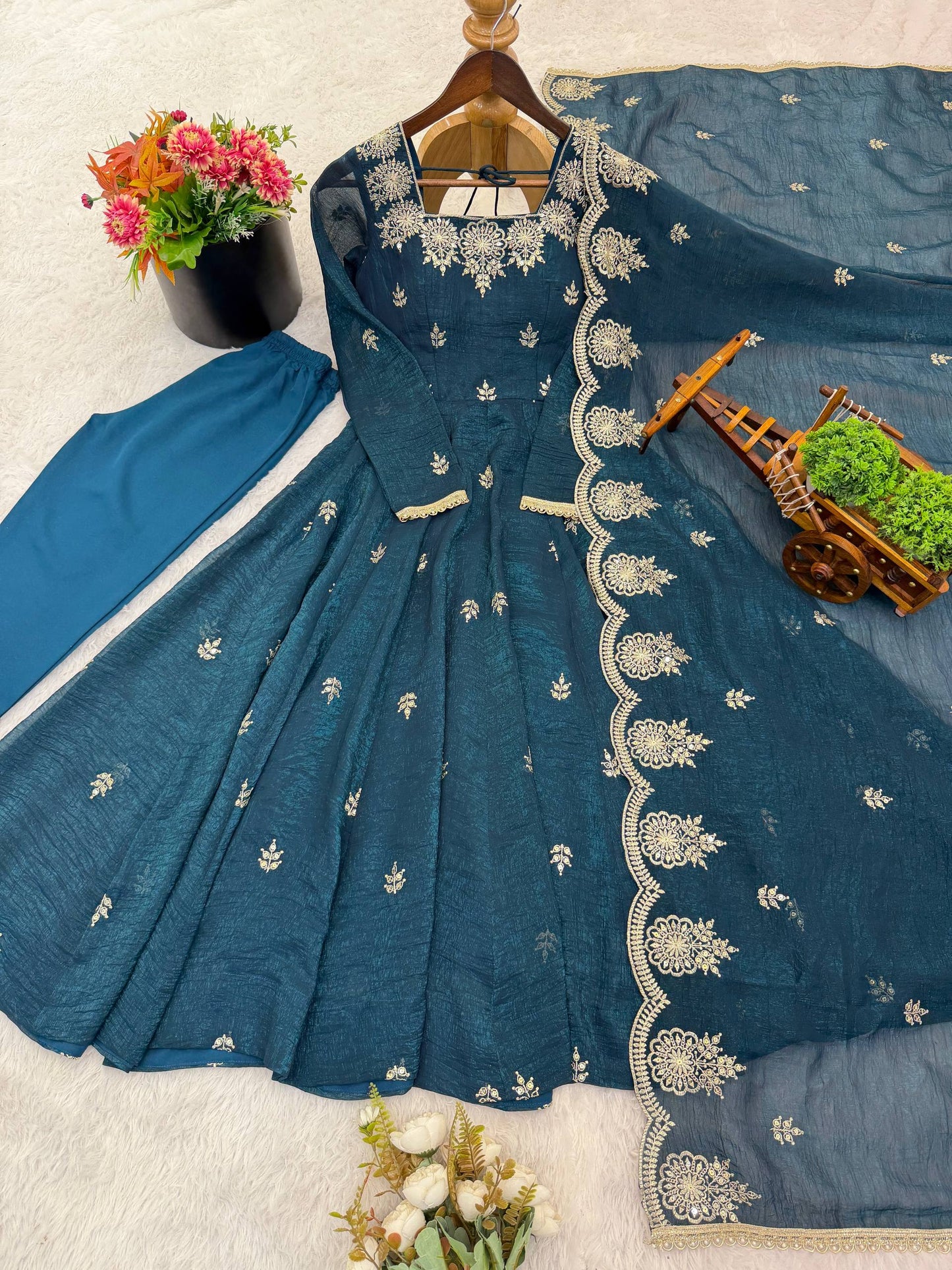 Sky blue crunchy silk embroidered sequence work anarkali set
