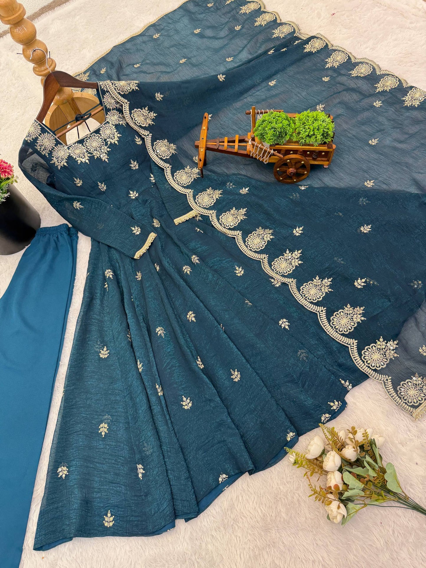 Sky blue crunchy silk embroidered sequence work anarkali set