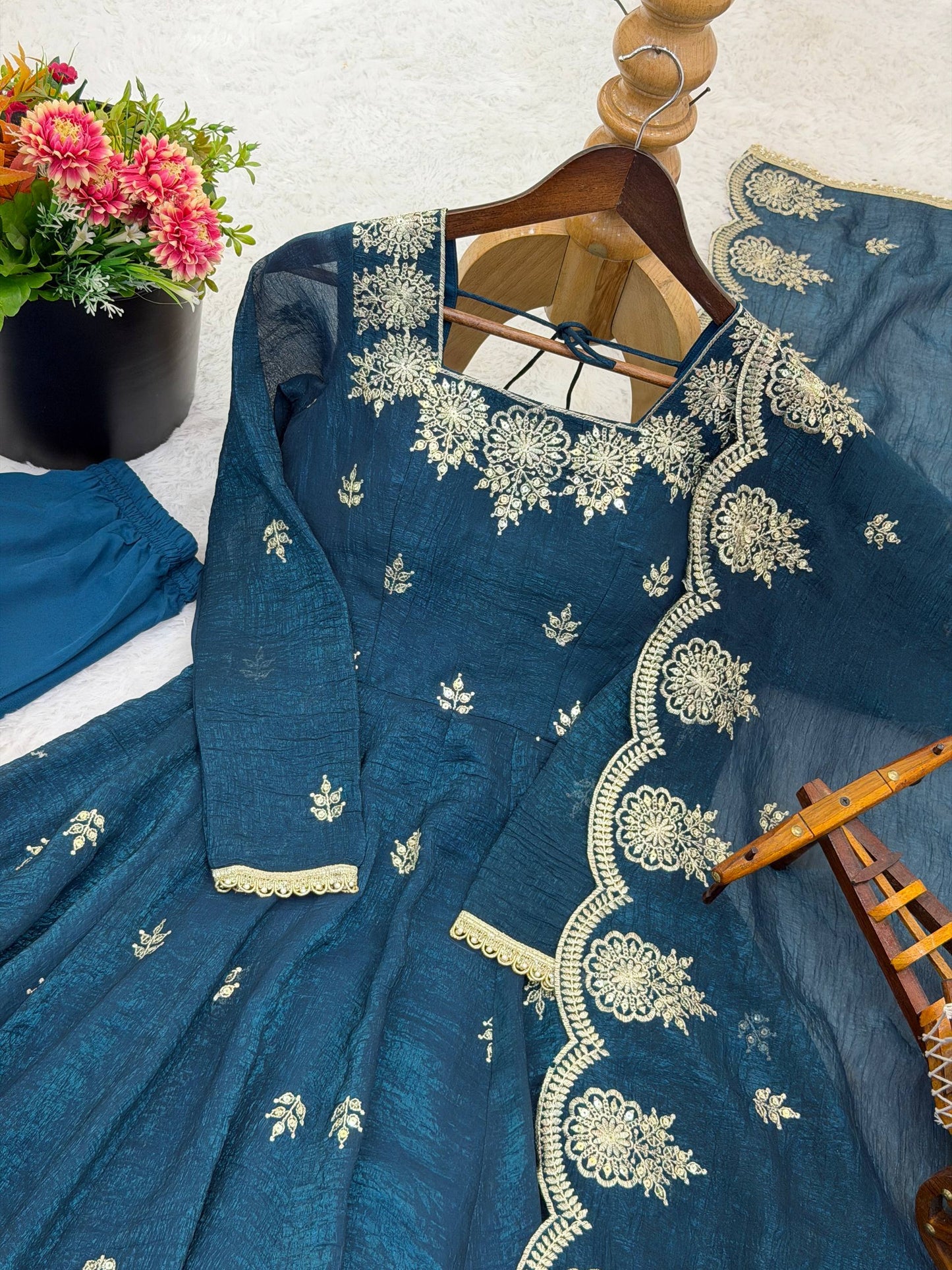 Sky blue crunchy silk embroidered sequence work anarkali set