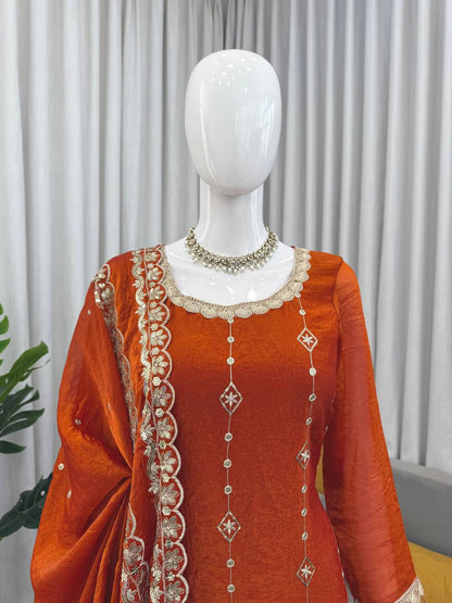 Orange fendy silk thread with sequence top, pant and dupatta set