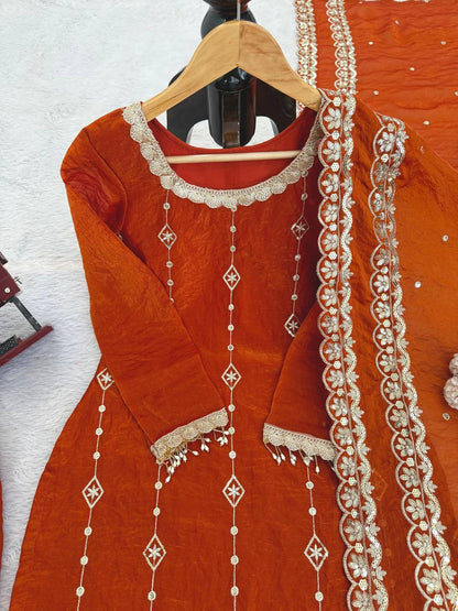 Orange fendy silk thread with sequence top, pant and dupatta set