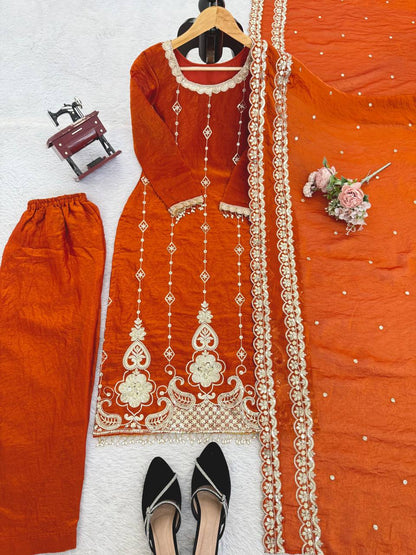 Orange fendy silk thread with sequence top, pant and dupatta set