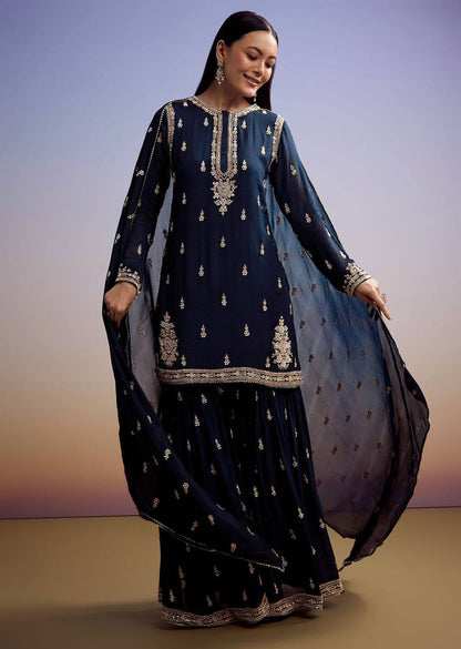 Navy blue zimmy choo sequence embroidery top, sharara and dupatta