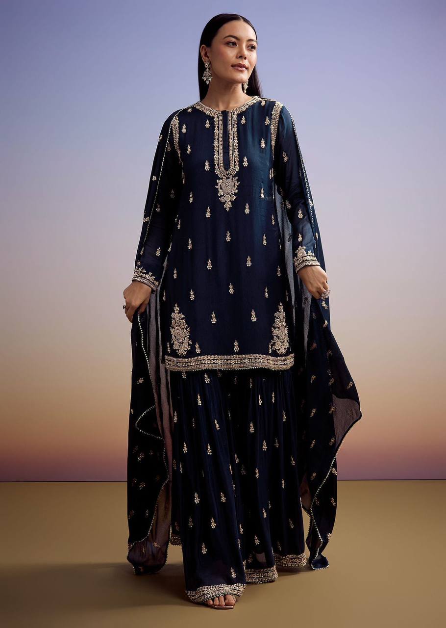 Navy blue zimmy choo sequence embroidery top, sharara and dupatta
