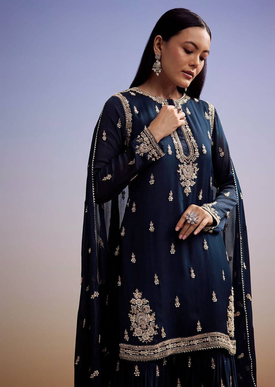 Navy blue zimmy choo sequence embroidery top, sharara and dupatta