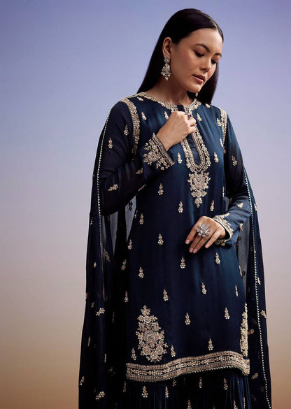 Navy blue zimmy choo sequence embroidery top, sharara and dupatta
