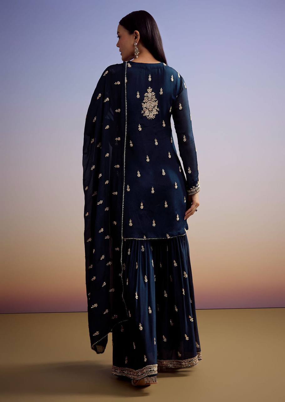 Navy blue zimmy choo sequence embroidery top, sharara and dupatta