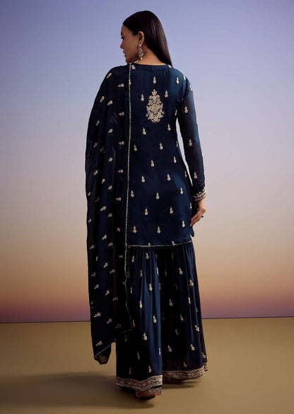 Navy blue zimmy choo sequence embroidery top, sharara and dupatta