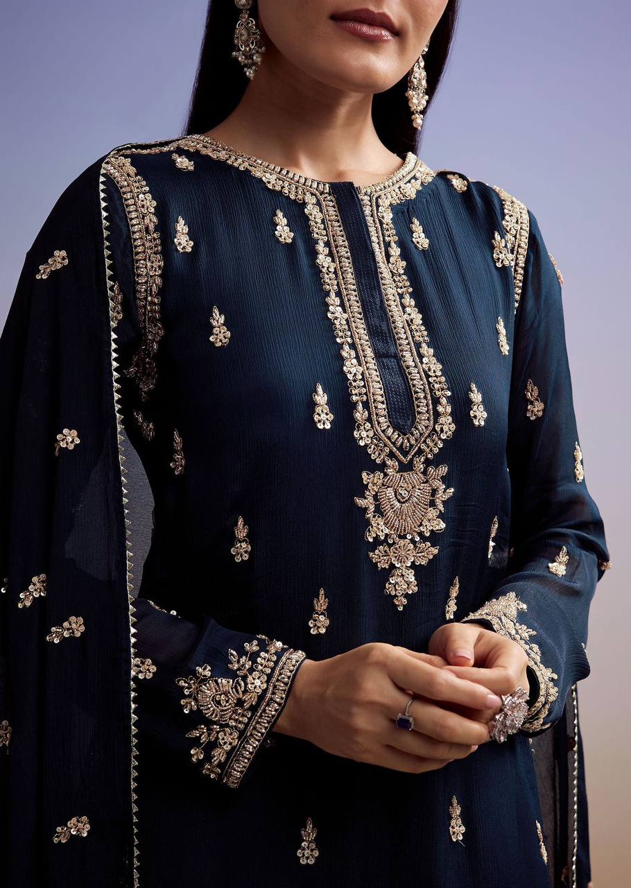 Navy blue zimmy choo sequence embroidery top, sharara and dupatta