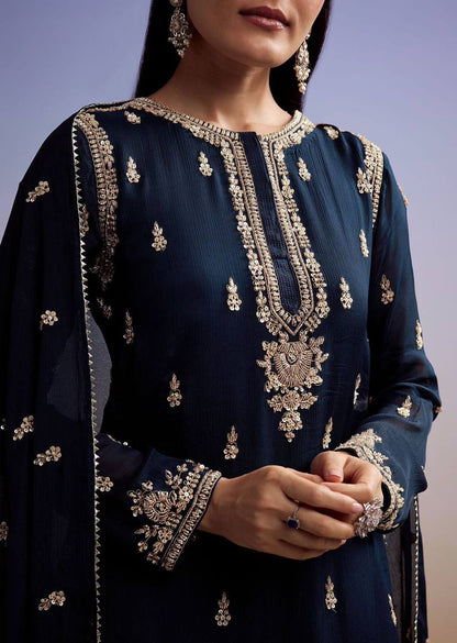 Navy blue zimmy choo sequence embroidery top, sharara and dupatta