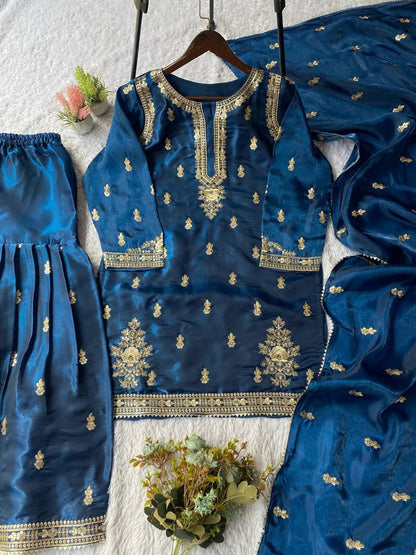 Navy blue zimmy choo sequence embroidery top, sharara and dupatta