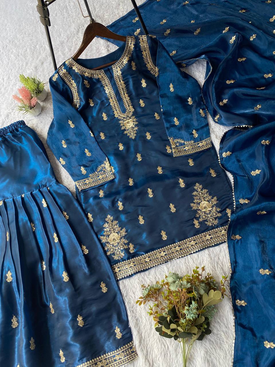 Navy blue zimmy choo sequence embroidery top, sharara and dupatta
