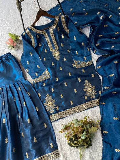 Navy blue zimmy choo sequence embroidery top, sharara and dupatta
