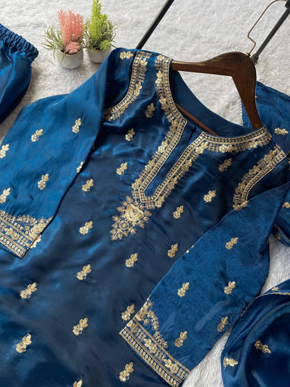 Navy blue zimmy choo sequence embroidery top, sharara and dupatta