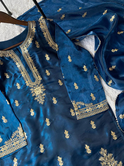 Navy blue zimmy choo sequence embroidery top, sharara and dupatta