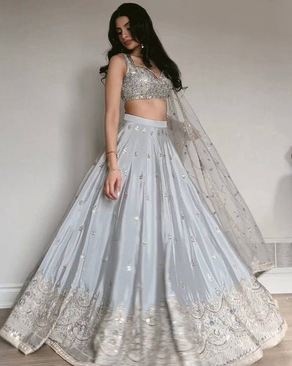 Gray Japan Satin Embroidered Lehenga Choli Set with Butterfly Net Dupatta