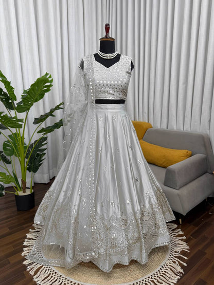 Gray Japan Satin Embroidered Lehenga Choli Set with Butterfly Net Dupatta