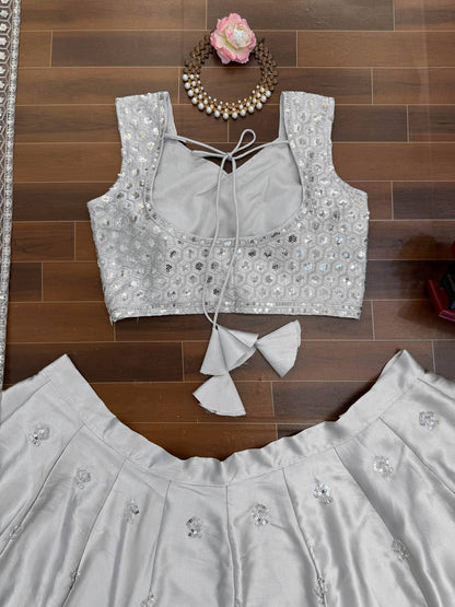 Gray Japan Satin Embroidered Lehenga Choli Set with Butterfly Net Dupatta