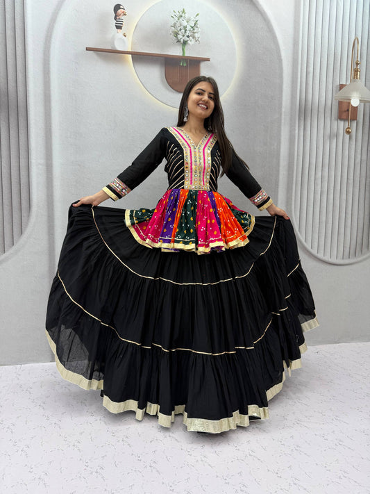 Elegant Ivory Mirror Work Navratri Lehenga Choli+Kediyu – Multicolor Garba Special