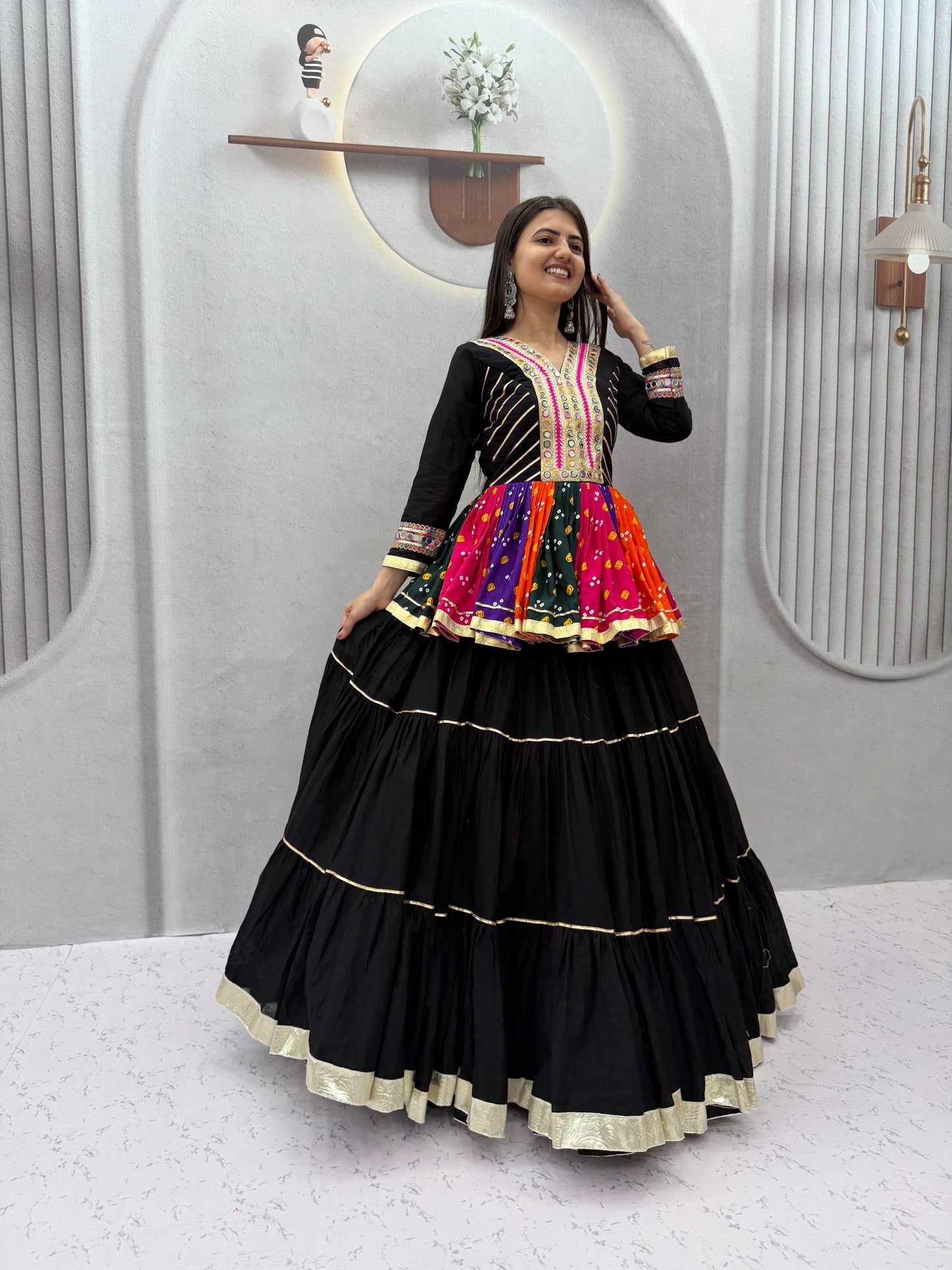 Royal Black Mirror Work Navratri Lehenga Choli Multicolor Garba Special-Full set