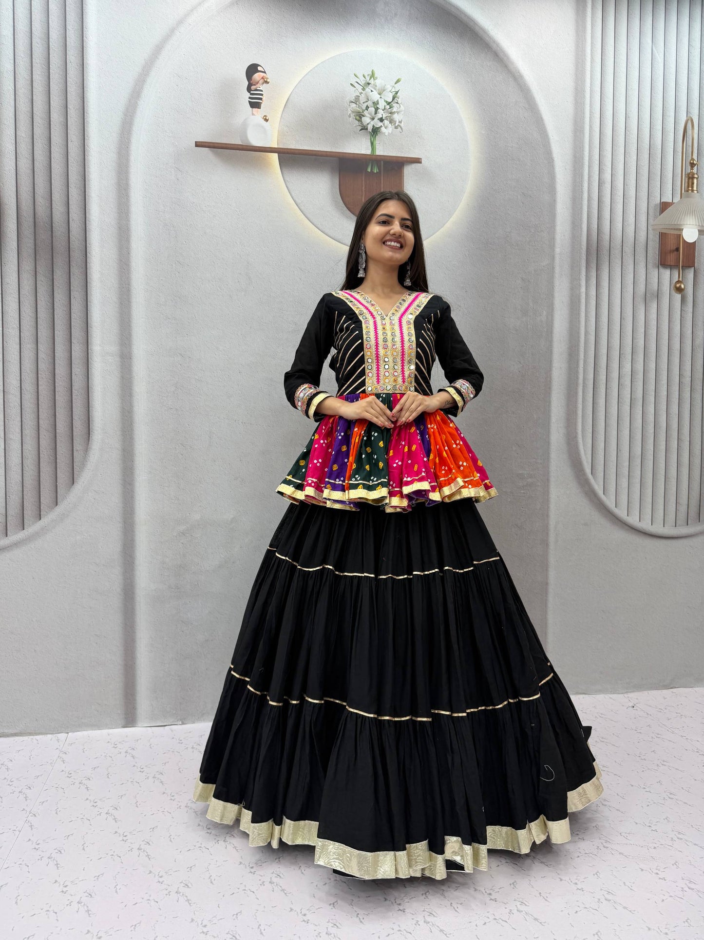 Elegant Ivory Mirror Work Navratri Lehenga Choli+Kediyu – Multicolor Garba Special