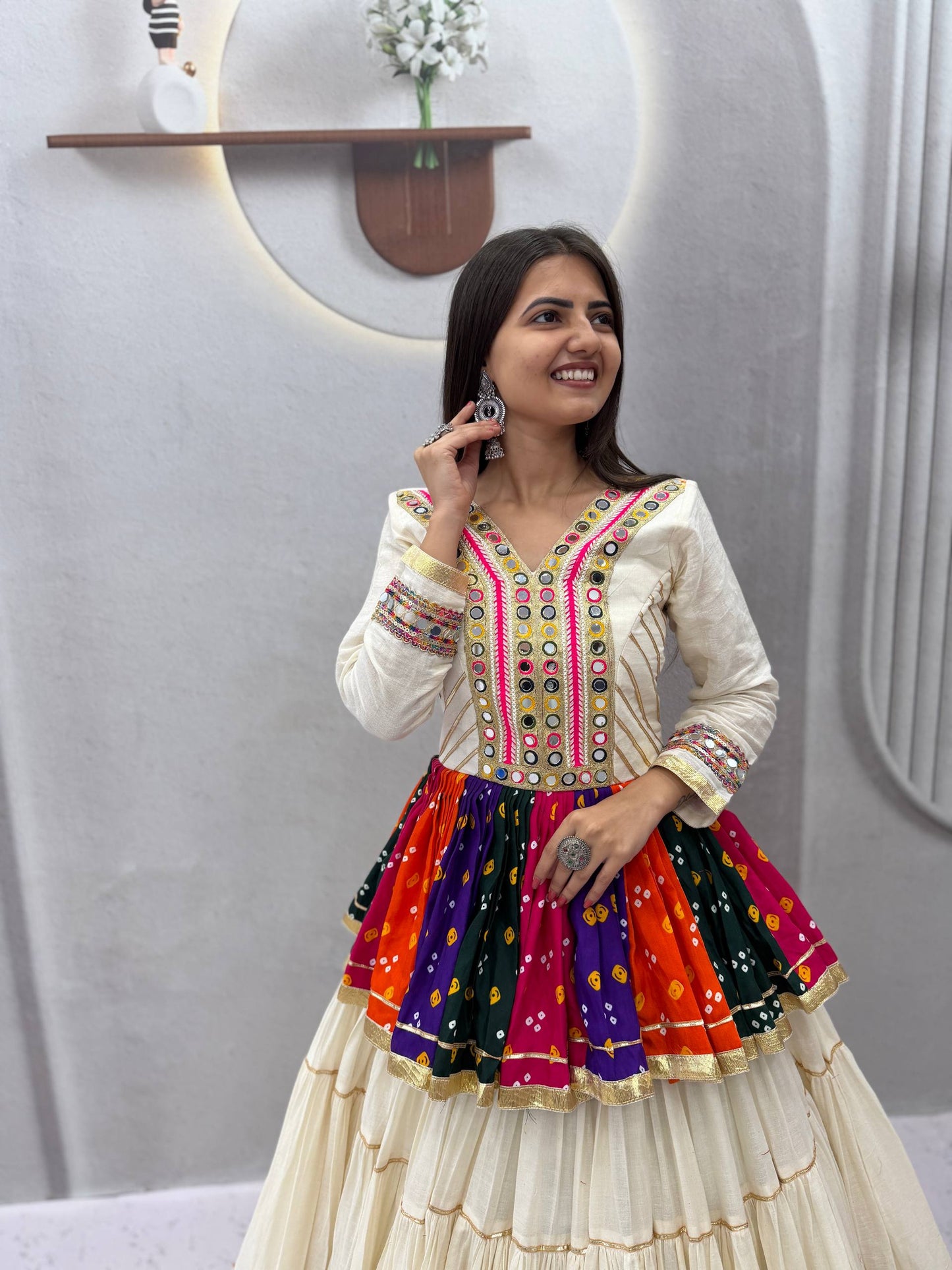 Elegant Ivory Mirror Work Navratri Lehenga Choli+Kediyu – Multicolor Garba Special