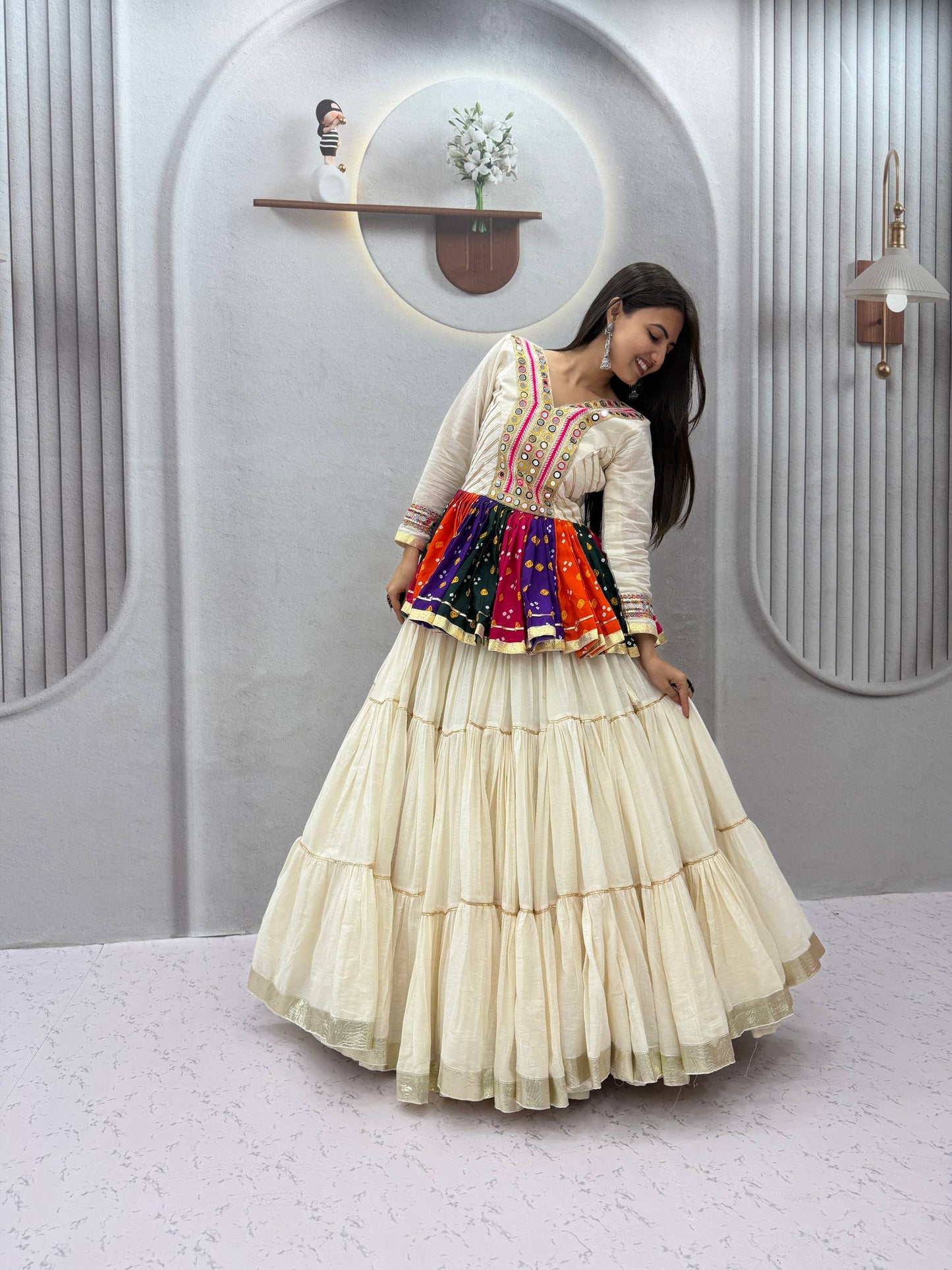Elegant Ivory Mirror Work Navratri Lehenga Choli+Kediyu – Multicolor Garba Special