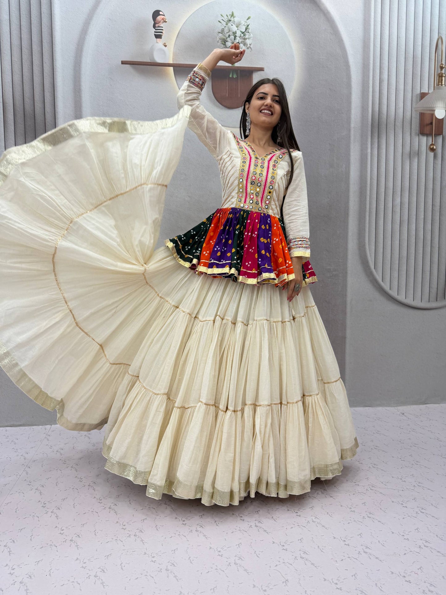 Elegant Ivory Mirror Work Navratri Lehenga Choli+Kediyu – Multicolor Garba Special