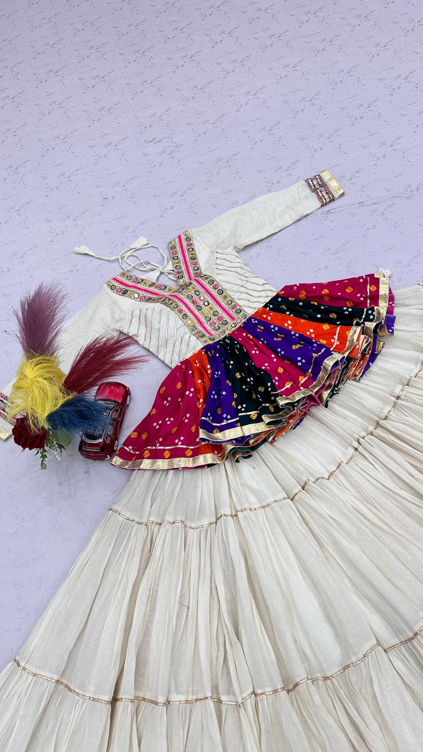 Elegant Ivory Mirror Work Navratri Lehenga Choli+Kediyu – Multicolor Garba Special