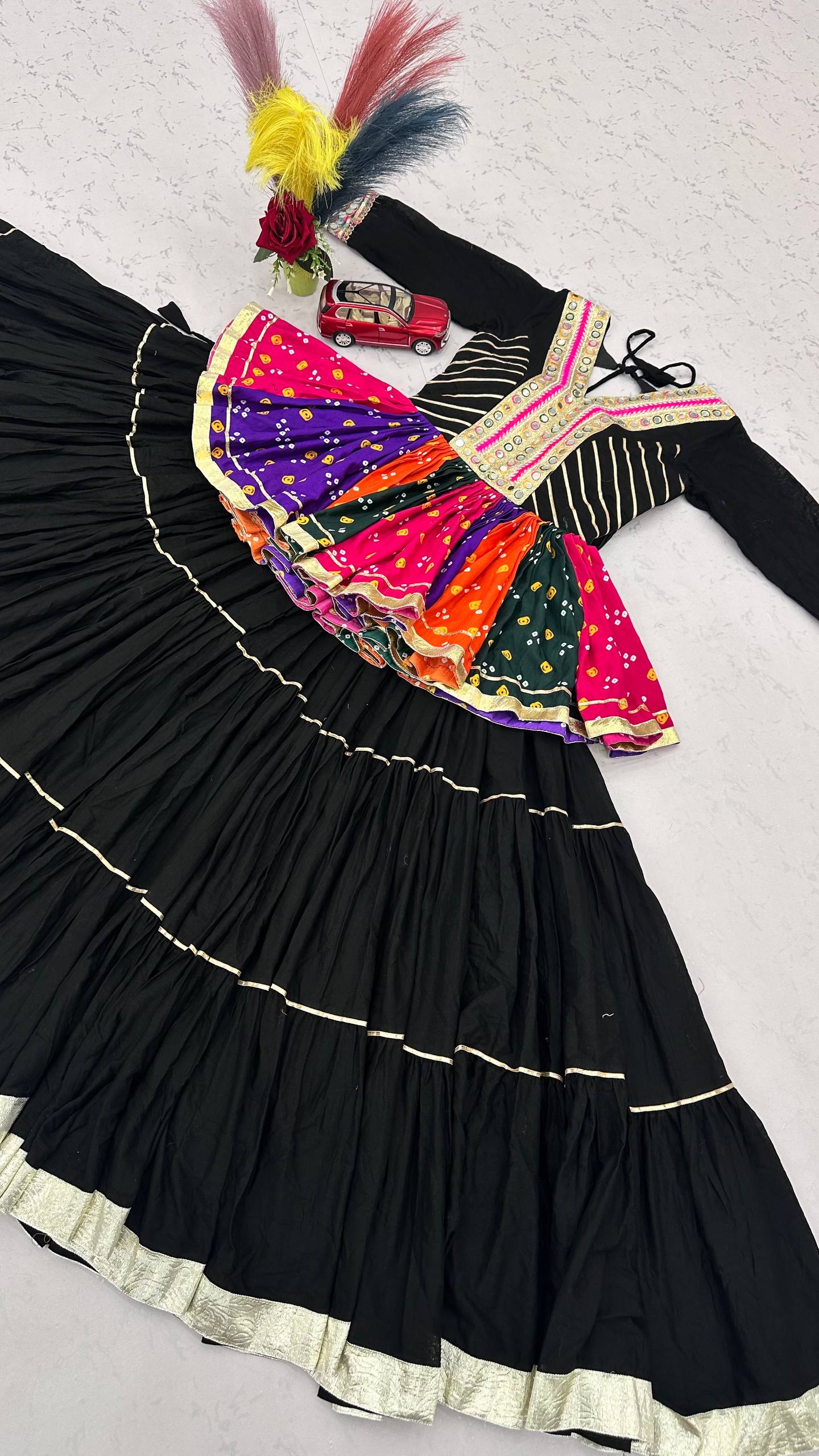 Royal Black Mirror Work Navratri Lehenga Choli Multicolor Garba Special-Full set