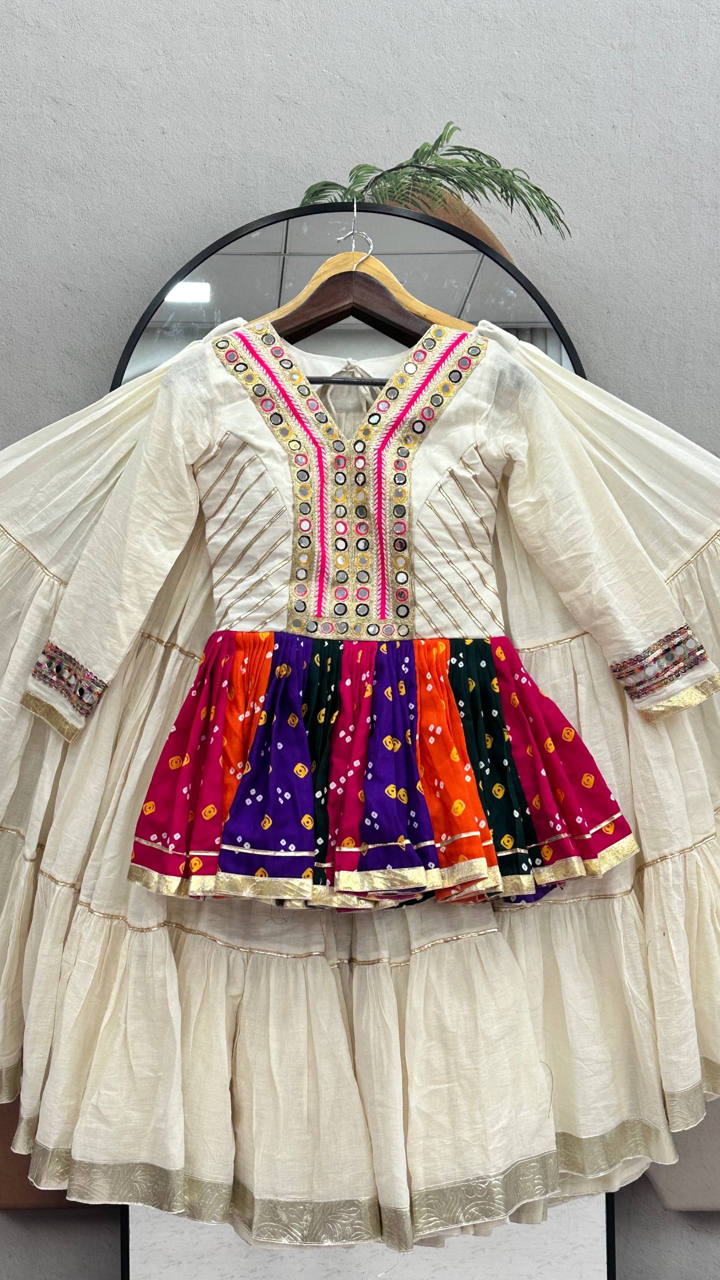Elegant Ivory Mirror Work Navratri Lehenga Choli+Kediyu – Multicolor Garba Special