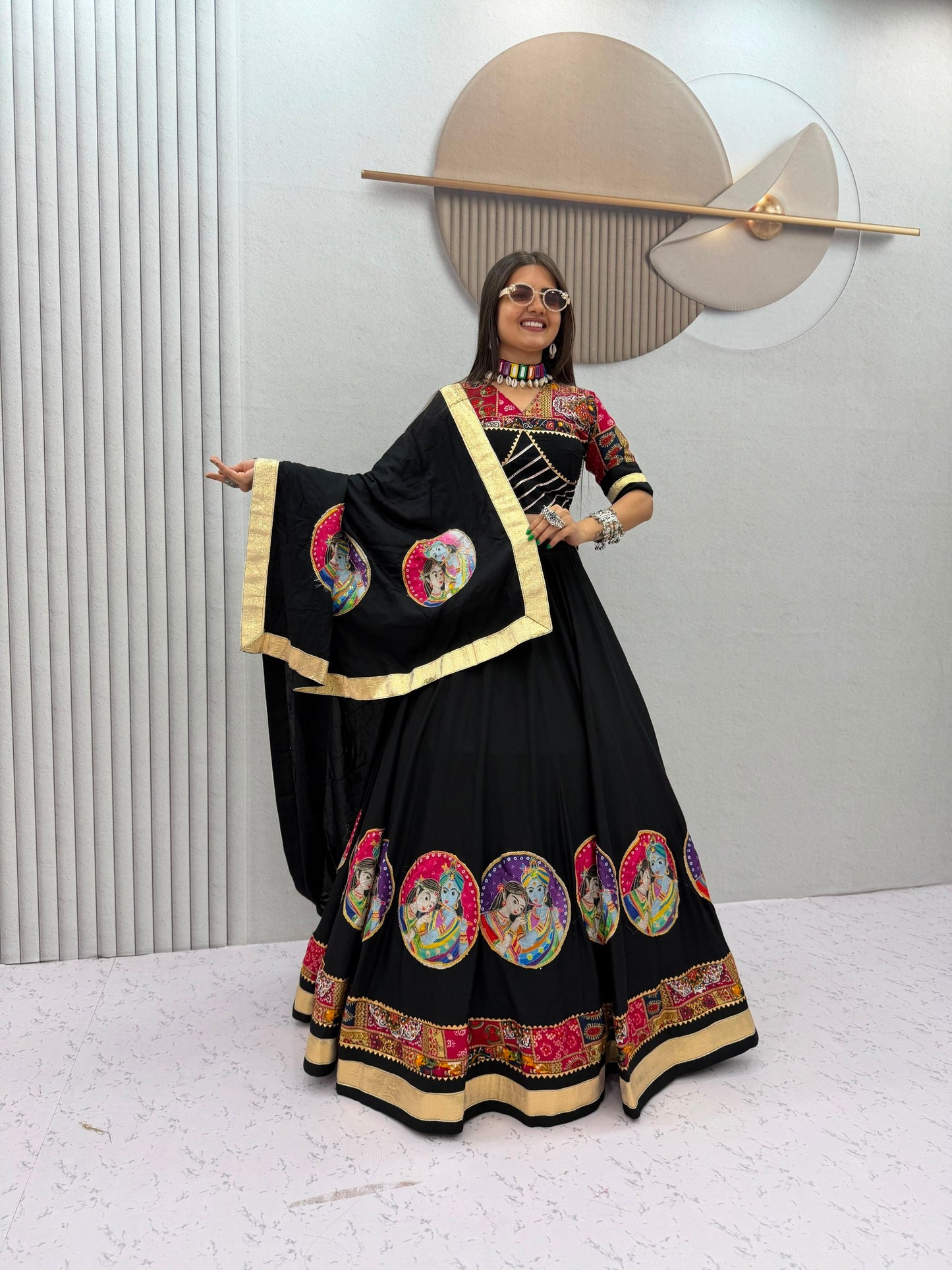 Radha Krishna Patola Print Designer Chaniya Choli – Black & White Festive Collection