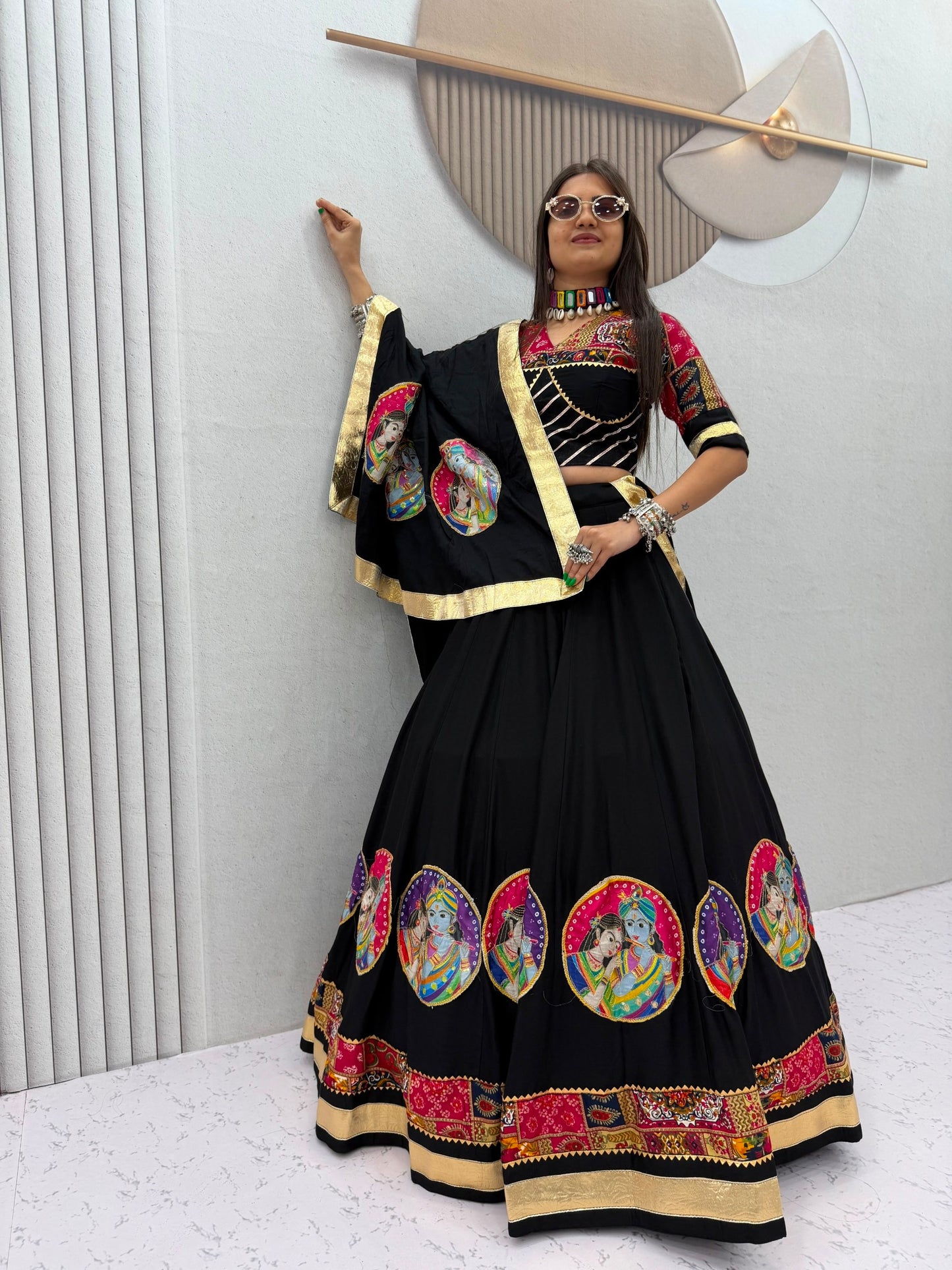 Radha Krishna Patola Print Designer Chaniya Choli – Black & White Festive Collection