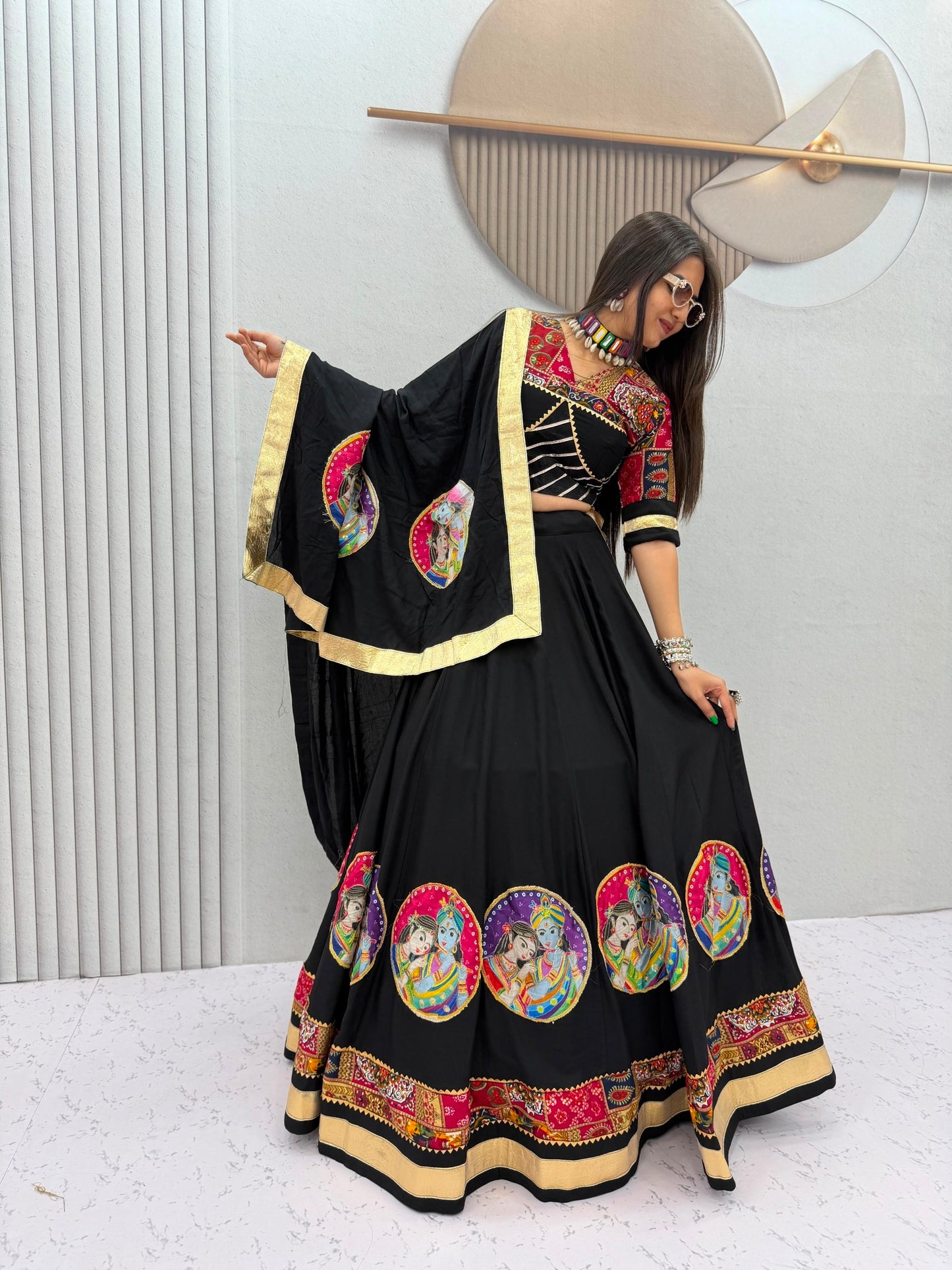 Radha Krishna Patola Print Designer Chaniya Choli – Black & White Festive Collection