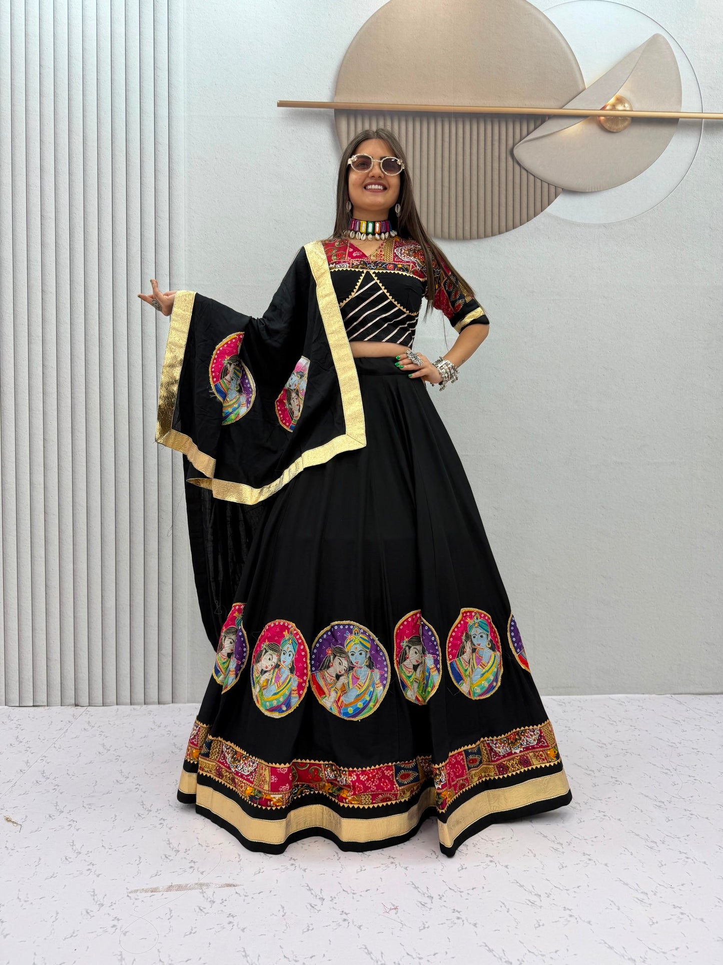 Radha Krishna Patola Print Designer Chaniya Choli – Black & White Festive Collection