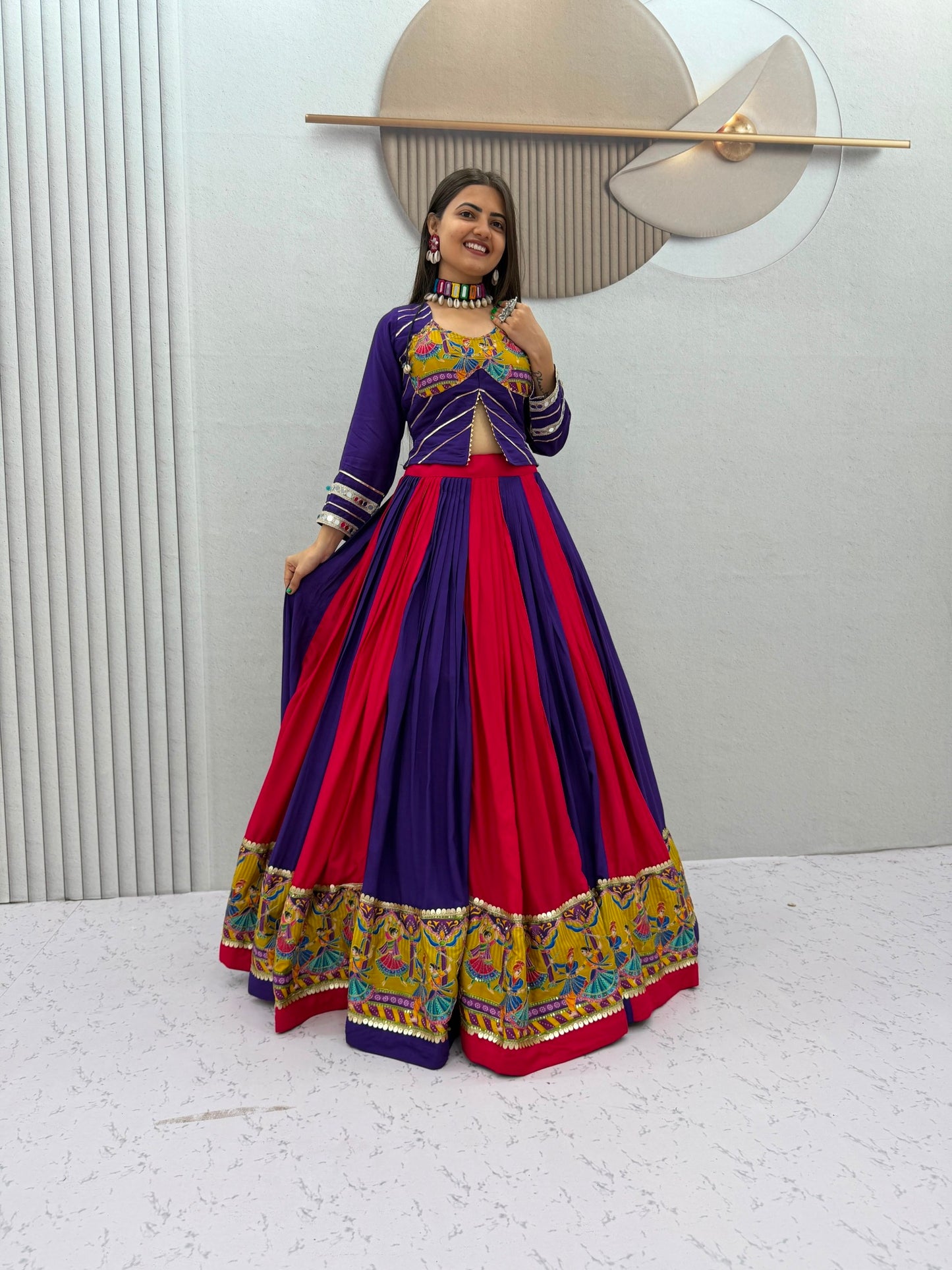Royal Purple & Hot Pink Navratri Lehenga Choli with Peacock Print Border | Designer Garba Chaniya Choli