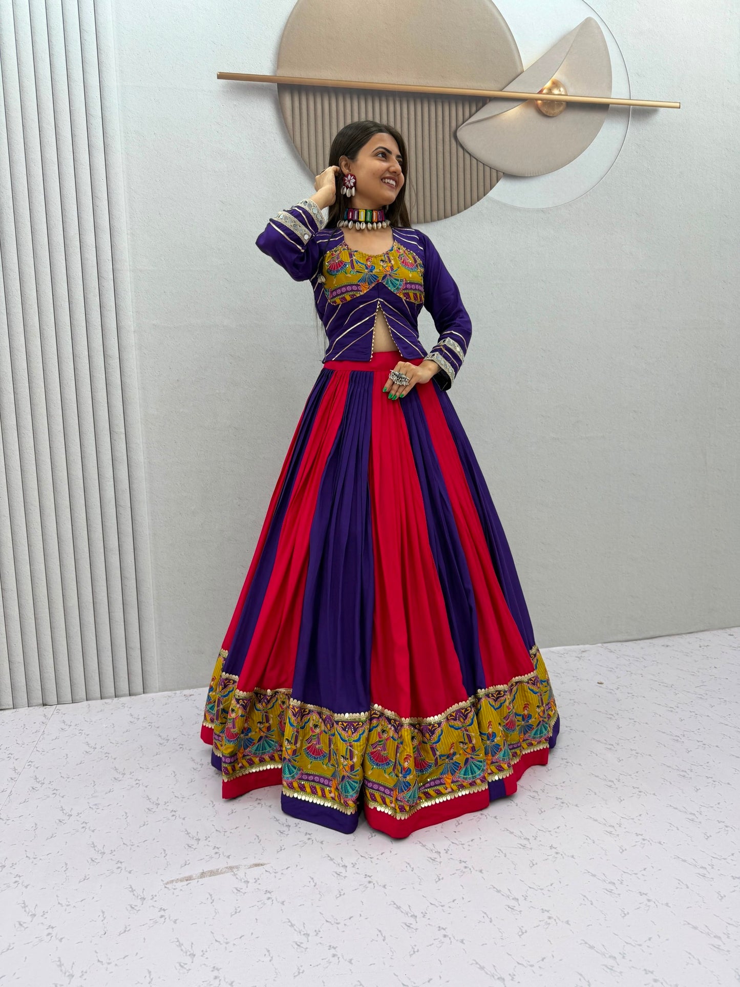 Royal Purple & Hot Pink Navratri Lehenga Choli with Peacock Print Border | Designer Garba Chaniya Choli
