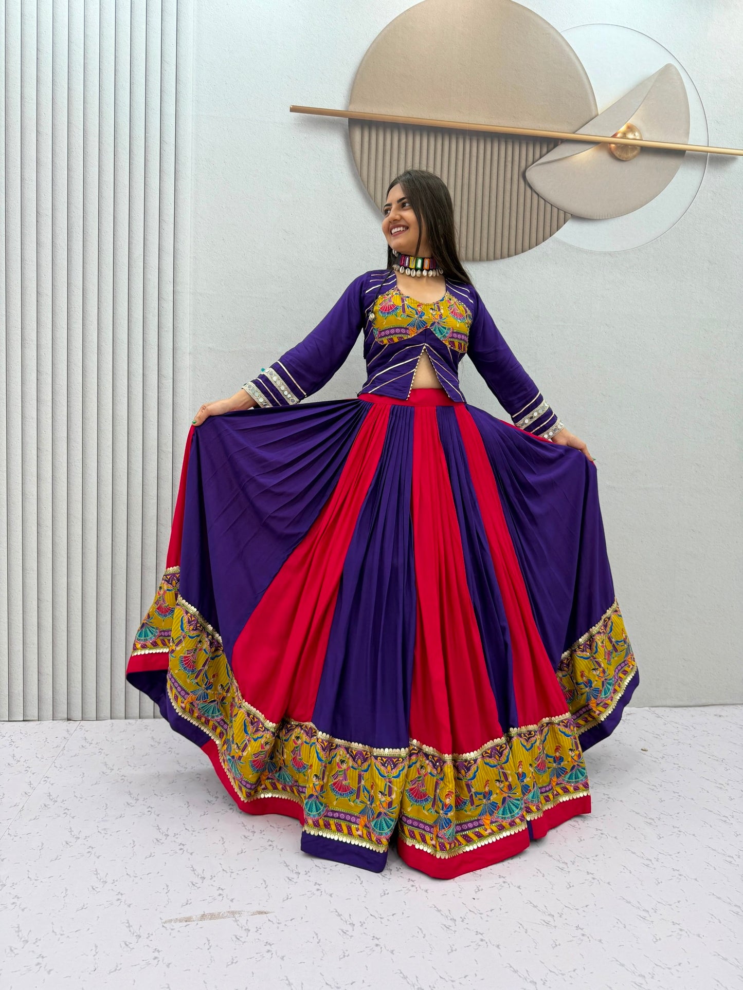 Royal Purple & Hot Pink Navratri Lehenga Choli with Peacock Print Border | Designer Garba Chaniya Choli