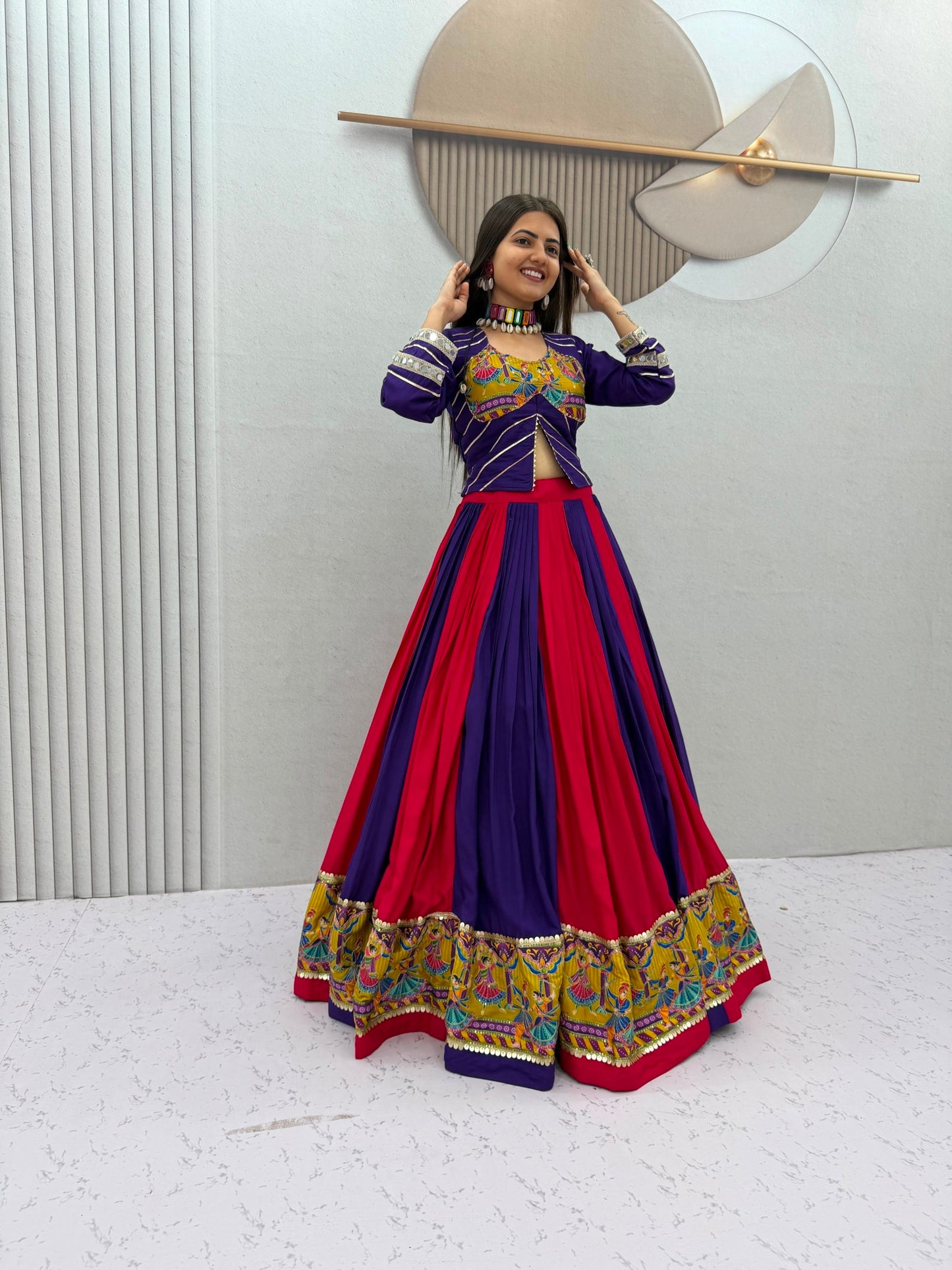 Royal Purple & Hot Pink Navratri Lehenga Choli with Peacock Print Border | Designer Garba Chaniya Choli