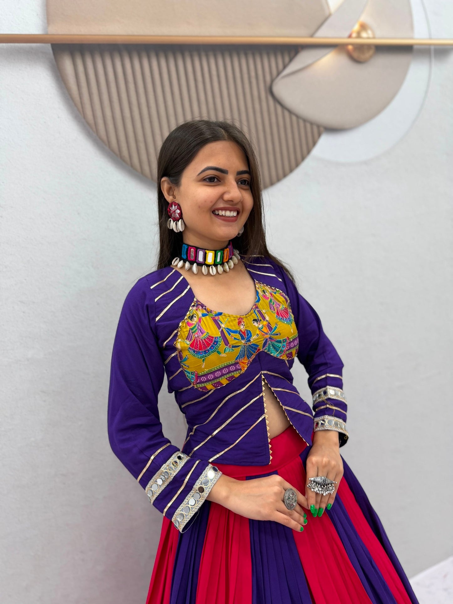Royal Purple & Hot Pink Navratri Lehenga Choli with Peacock Print Border | Designer Garba Chaniya Choli