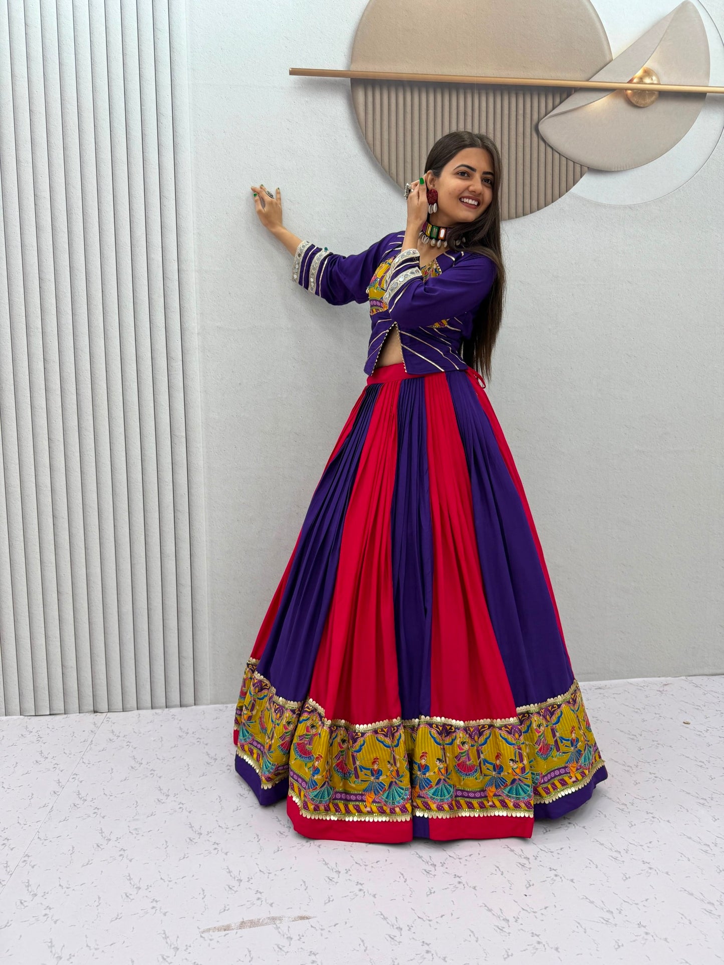 Royal Purple & Hot Pink Navratri Lehenga Choli with Peacock Print Border | Designer Garba Chaniya Choli