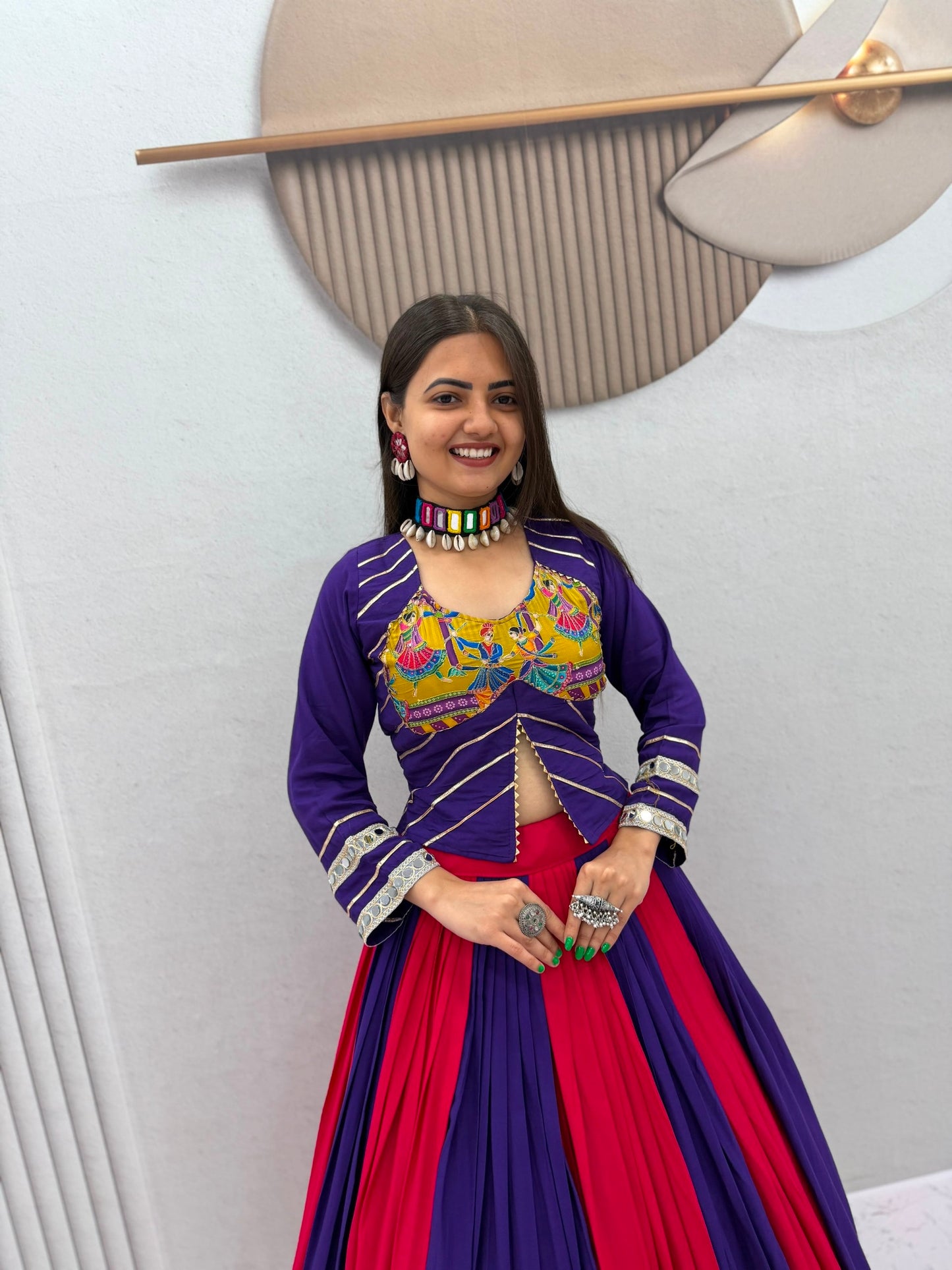 Royal Purple & Hot Pink Navratri Lehenga Choli with Peacock Print Border | Designer Garba Chaniya Choli